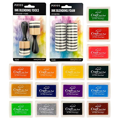 Pixiss Mini Ink Blending Tools with 24 Foam Pads, Ink Pads in 15 Colors for Rubber Stamps, Distressing, Scrapbooking, Wood and Fabric