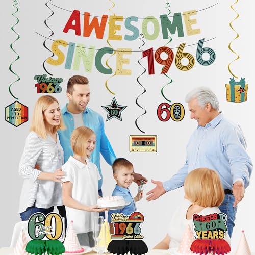 Image of Crenics Vintage 1966 60th Birthday Decorations for Men or Women | Awesome Since 1966 Banner, Honeycomb Centerpieces and Hanging Swirls for 60 years old Party Supplies