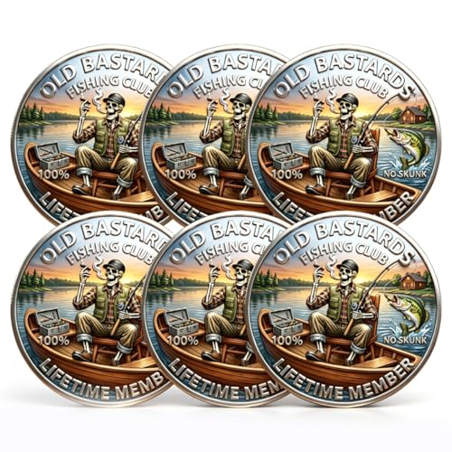 The Eternal Fishermans Challenge Coin, Old Bastards Fishing Club Collectible Coin, 100% “No Skunk” Fishing Club Coin, Old Bastards Skeleton Angler Token Gift for Fishermen, Men, Friends (6pcs)