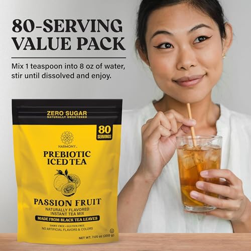 Image of Harmony Passion Fruit Prebiotic Black Iced Tea, 7.05 oz Bag, 80 Servings | Real black tea, Tropical passion fruit flavor, 80 servings per bag, Prebiotic plant fiber, 25 calories, Zero sugar