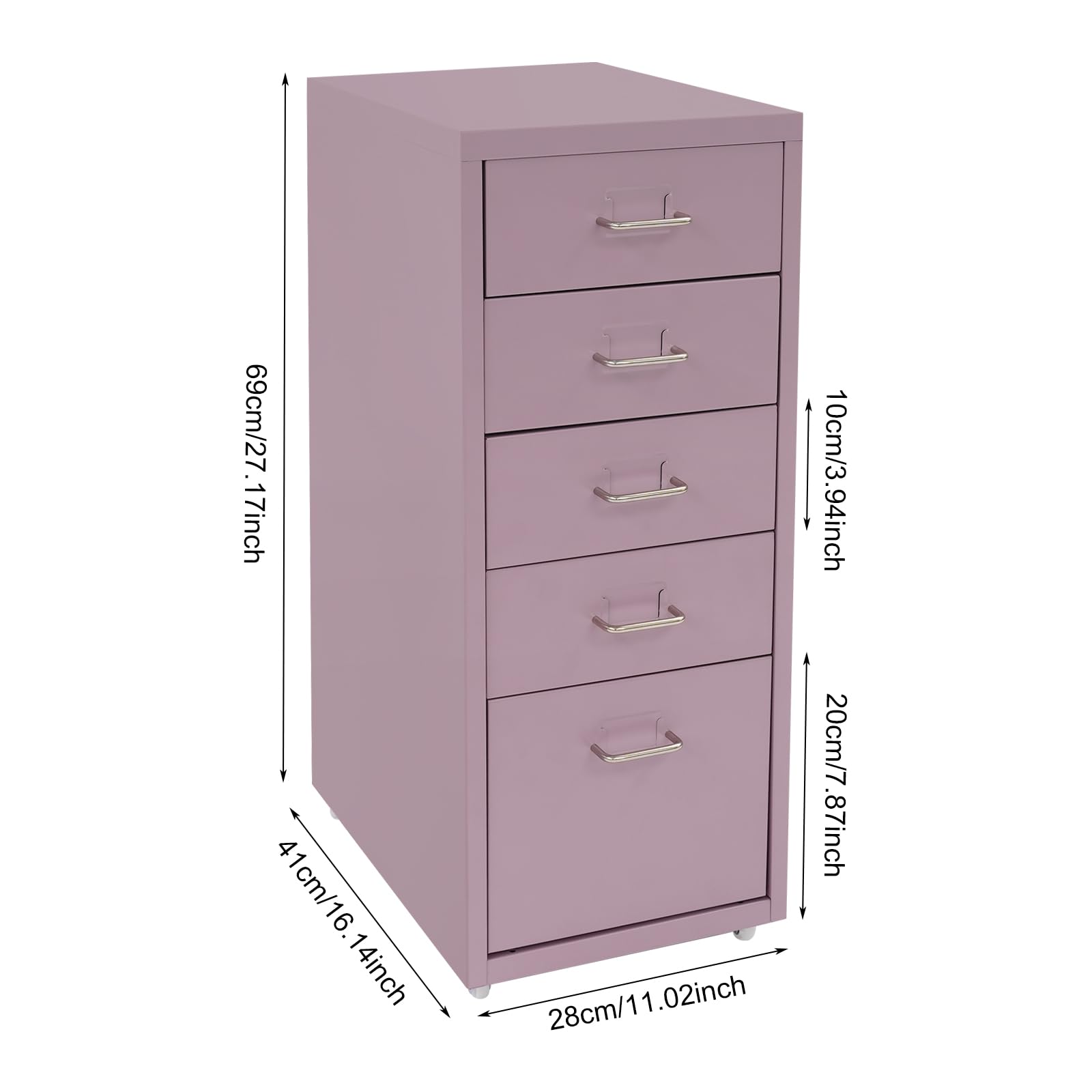 41 x 28 x 69 cm - Meuble de rangement mobile avec 5 tiroirs - Armoire en métal - Armoire de bureau avec 4 roulettes - Organisateur de documents - Conteneur de rangement pour bureau, bureau