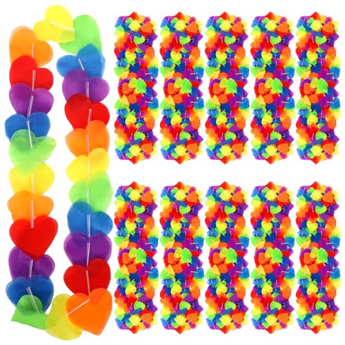 Image of HunnmingRe 100 Pcs Rainbow LGBT Pride Accessories Rainbow Heart Banner Leis Progress Garland LGBTQ Gay Neck Loop Pride Month Floral Decorations for Parade Tropical Hawaiian Luau Party Decorations