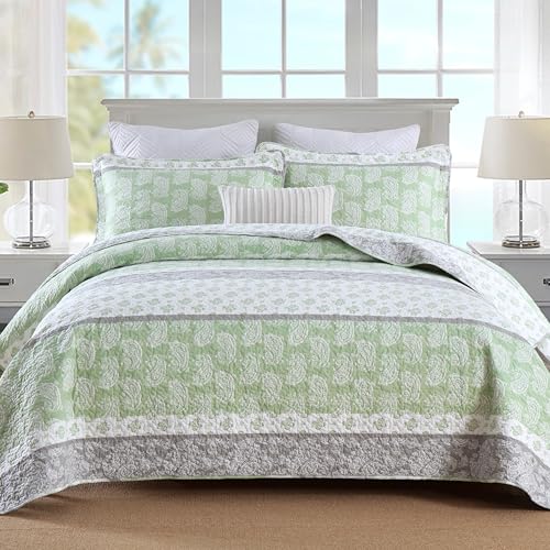 AJOCCI Cotton Quilt King, Sage Green Comforter Set, Green/White/Grey Striped