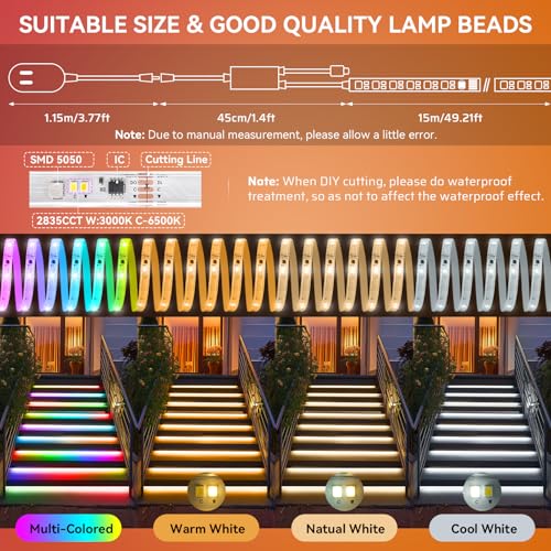 Image of 50Ft Outdoor RGBWW+IC LED Strip Lights, IP67 Waterproof Multi-Colored+3000K-6500K 24V LED Lights with Remote and APP, Music Sync Color Changing LED Tape Lights,DIY Strip Lighting for Courtyard Garden