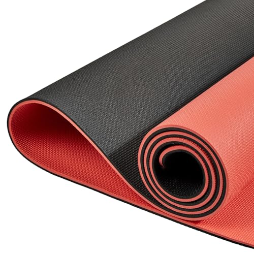 Image of AmazonBasics Dual Colour Yoga Mat | 6 MM Thick Mat | Carry Strap | Grippy Surface | Anti Slip Exercise Mat | EVA & LDPE Material | Yoga Mat for Men & Women | Exercise Mat for Gym or Home (Black & Red)