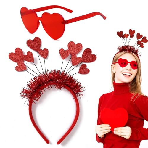 Norhogo Pailletten Herz Stirnband Glitter Herz Haarband Herz Haarreif Herzen Karneval Haarreif Rot Stirnband Glitzer Herz Kommt mit einer roten Liebesbrille für Valentinstag Hochzeit Karneval rot