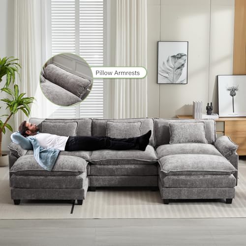 Image of Oprisen 120 inch Modular Sectional Sofa, Comfy Cloud Couch Sectional Sofa with Ottoman, Chenille Sofa Sleeper Deep Seat Sofa with Throw Pillows for Living Room (Light Gray, 120 inch- U Shape)