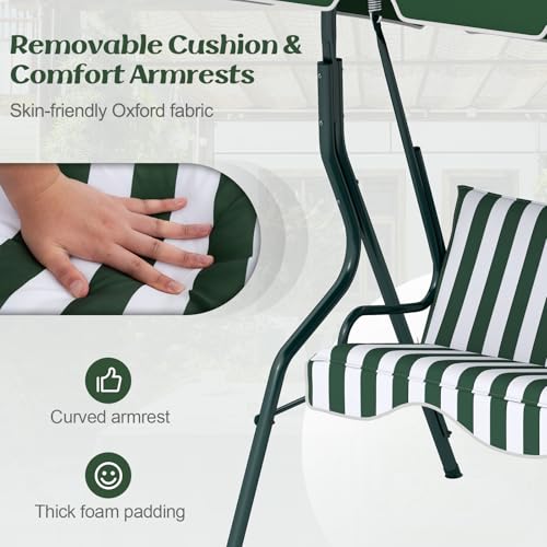Image of Tangkula 3 Person Porch Swing, Patio Swing with Removable Cushion & Powder-Coated Steel Frame, Outdoor Swing with Canopy for Porch, Backyard, Garden, Balcony (Green)