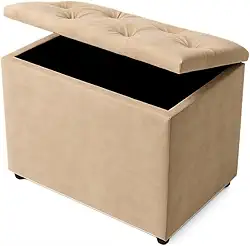 Baú Retangular Banquinho Puff Decorativo organizador Guarda Brinquedos Assento(BEGE SUEDE)