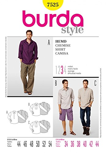 Burda Mens Sewing Pattern 7525 Casual Button Up Shirt Top #TOP19