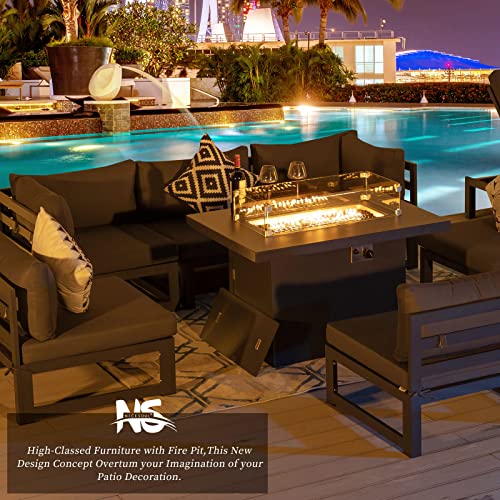 Nicesoul® 7 Pieces Aluminum Patio Furniture Set With Fire Pit Table 43" Propane Gas Convertable Csa Approved Outdoor Luxury Conversation Sofa Set With Firepit Grey Color For Poolside #TOP5