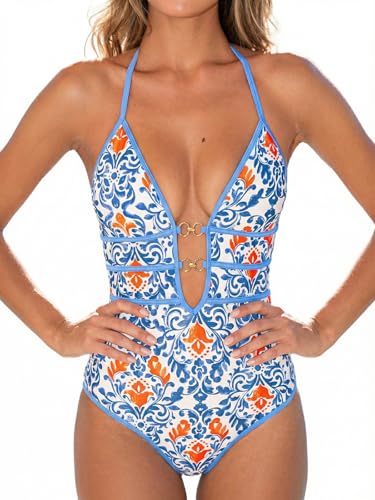 CUPSHE Women's One Piece Swimsuit Halter Plunging Neck Cutout Back Bathing Suit Spaghetti Adjustable Straps O Ring, M