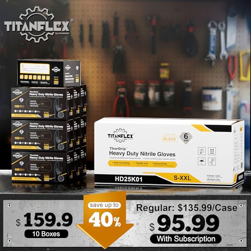 TitanFlex Heavy Duty Black Nitrile Gloves, Large, 6 Mil with Raised Diamond Texture, Industrial Work Gloves Disposable Latex Free, Powder Free, Mechanic Disposable Gloves (Box of 100)