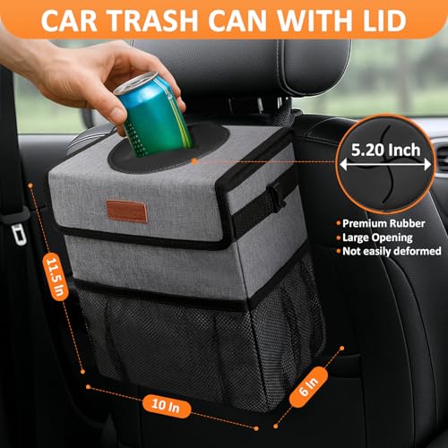 Image of Vankor 3 Gallons Car Trash Can with Lid, Car Trash Bag Bin Hanging Waterproof Automotive Garbage Cans Leak Proof Vehicle Can Grey