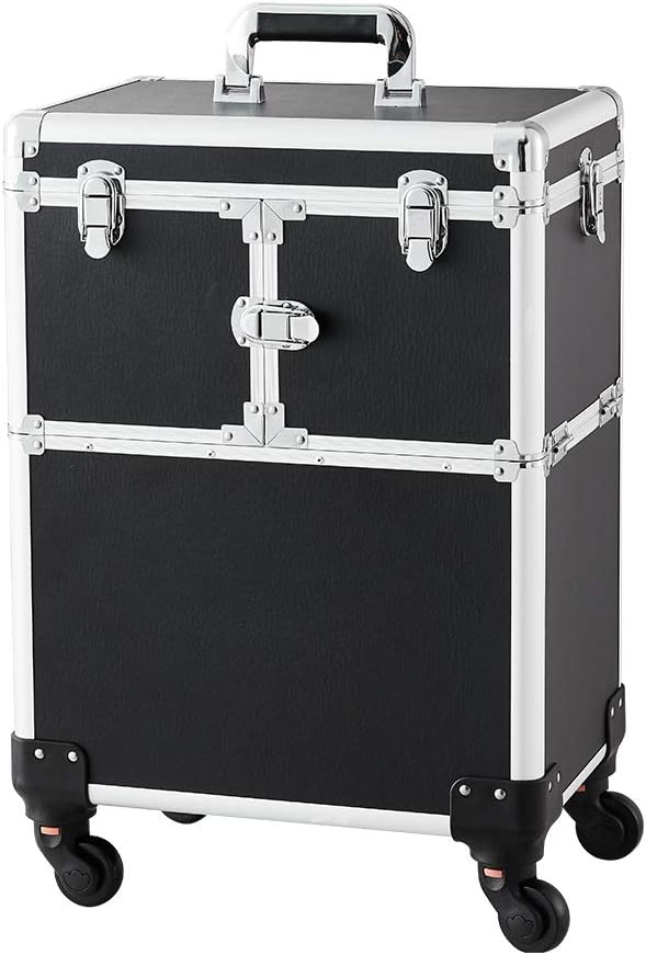 OUDMAY Makeup Case - Professional Rolling Cosmetic Travel Organizer With Mirror and Independent Lid Black