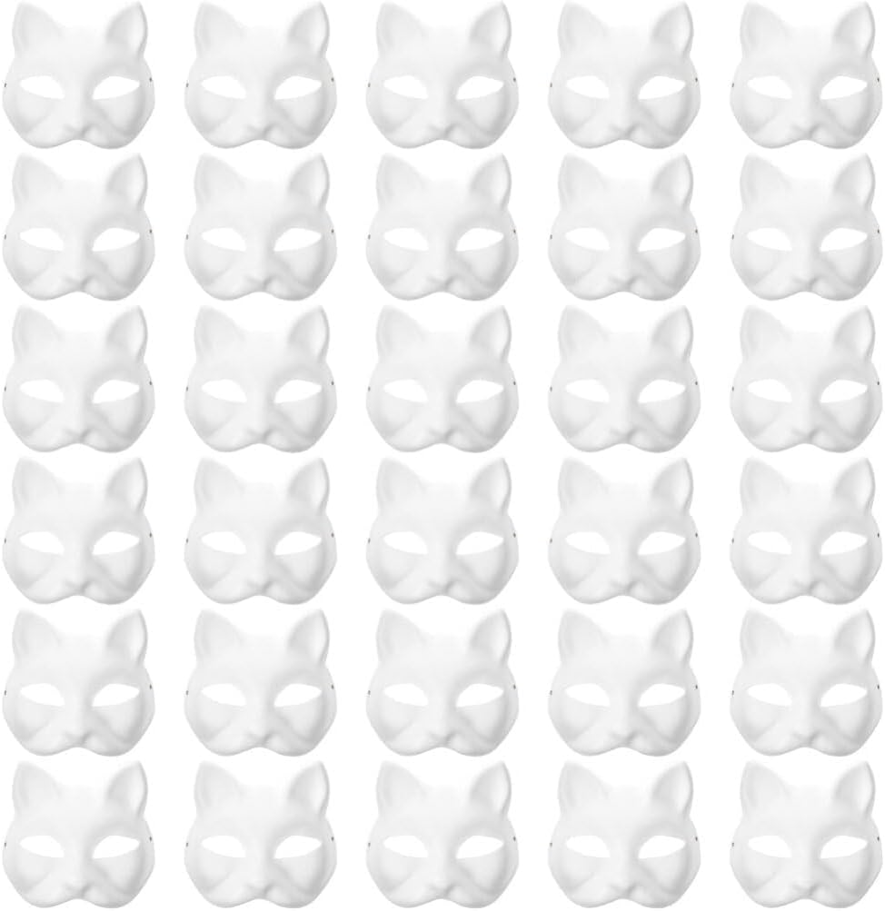 30 PCS Cat Mask Base, White Paper Therian Cat Masks Base with Elastic Bands, Blank Cat Masks for Crafts DIY, Animal Mask for Adults Family Masquerade Cosplay DIY Decoration
