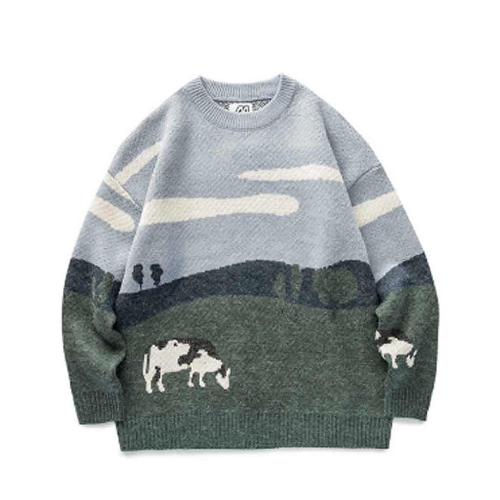 GFDFD Youth Men Cows Vintage Winter Sweaters Pullover Mens Neck Korean Fashions Sweater Women Casual Harajuku Clothes (Color : Green)