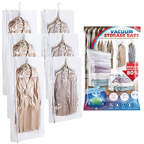 LEVERLOC Vakuumbeutel zum Aufhängen, platzsparend, für Kleidung, Wintermantel, Kleidung, Jacke, Anzug, Pullover, Kleiderbügel, Schrank-Organizer, erweiterbar, 80 % Platzersparnis, 6 Packungen Cover