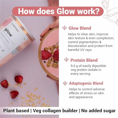 Cureveda Collagen Builder Glow Powder for Brighter & Youthful Skin, Plant-Based Supplement with Rose Water, Veg Beauty Protein, Evening Primrose 100IU, No Added Sugar, 300gm - Image 2