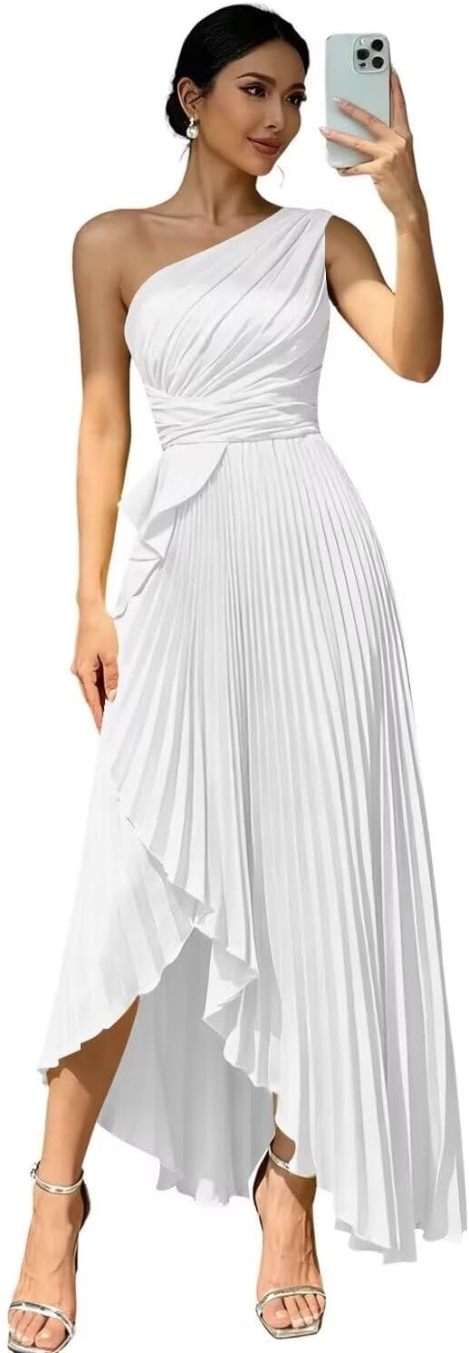 One Shoulder Satin Pleated Bridesmaid Dresses for Women A-Line Long Formal Evening Dress with Slit