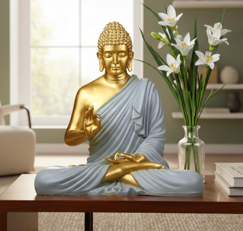 Image of 2 Feet Height Decorative Meditating Buddha Idol for Home Decor Big Size, Black Ceramic Murti, Meditation Buddha Statue, Home Garden Decor (Golden & Grey)