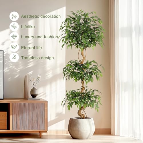 GarveeHome Ficus Artificial Tree with Curved Trunk,6 Feet Faux Plant Fake Silk Trees with White Pot, Fake Ficus Tree for Home Decor, Artificial Plants Indoor for Office Living Room