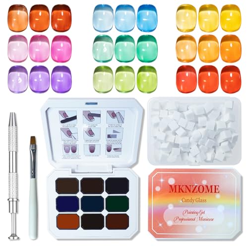 MKNZOME Gel Polish Nail Art Set, 9 Color Jelly Esmaltes Semipermanentes de Uñas en Gel Rojo Amarillo Azul Morado, Regalos para Mujeres