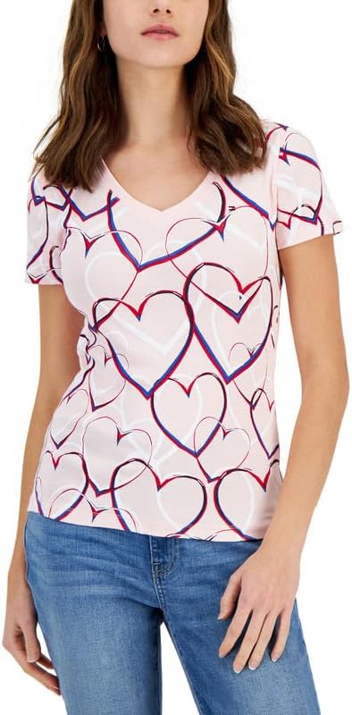 Tommy Hilfiger Women's Heart Print V-Neck Top (Ballerina Pink Combo, Medium)
