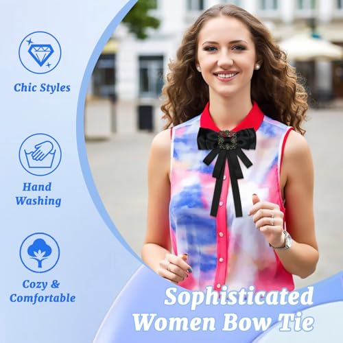 Image of LJBFNN Womens Bow Tie, Black Ribbon Bow Tie for Women, Clip on Adjustable Rhinestone Bowtie for School Uniforms Wedding
