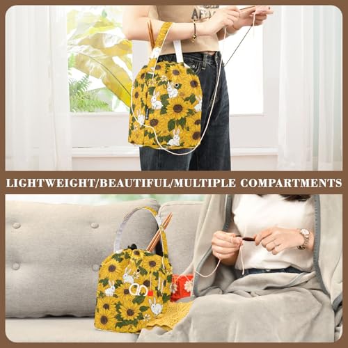 Image of ElliTarr Crochet Bag Yarn Bag with Handle Portable Knitting Project Bag Travel Yarn Storage Organizer Holder Case Autumn Sunflower and Cute Rabbit