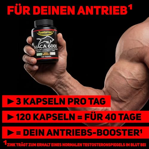 MACA Kapseln hochdosiert + extra stark - 120 Kapseln, Maca Pulver Extrakt, Tribulus terrestris, Pinienrinde, natürliches Vitamin C, Selen, Zink trägt zum Erhalt eines normalen TESTOSTERON SPIEGELS bei