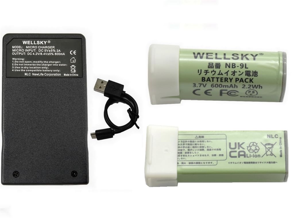 Amazon | WELLSKY NB-9L 互換バッテリー 2個 + [ 超軽量 ] USB Type C