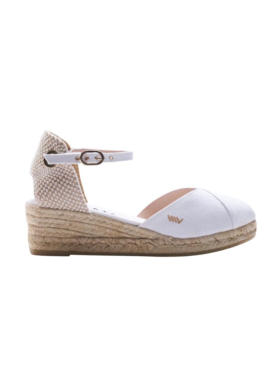 Viscata Pubol Espadrille Canvas Low Wedges with Ankle Strap Spain Handmade 2” Heel Women's Sandals with Breathable Organic Cotton Canvas and 100%
