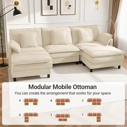 Image of Claiks 110 inch Modular Sectional Sofa, Cloud Couch with Ottoman, U-Shaped 5-Seater Sofa in Chenille Fabric, Deep Seat Comfy Couch with Pillows for Living Room & Offices, Beige