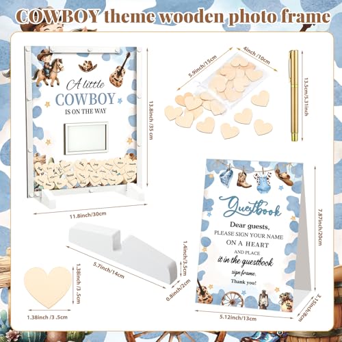 Image of Beeveer 65 Pcs Cowboy Baby Shower Guest Book Alternatives a Little Cowboy is on The Way Decorations Western Baby Shower Party Supplies Sign in Guest Book with Picture Frame and 60 Wooden Chip