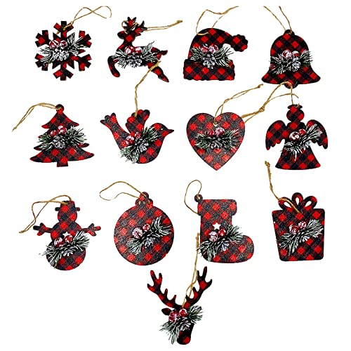 Fyearfly 13 adornos de madera de Navidad, decoración colgante a cuadros de búfalo con bayas de acebo y agujas de pino, para decoración del hogar