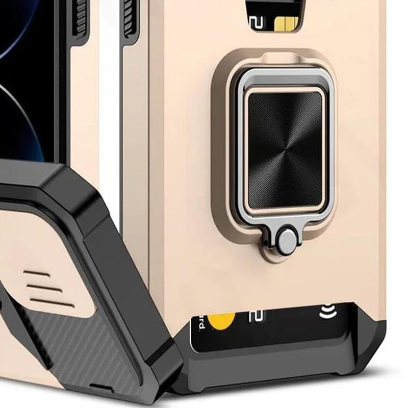 Image of LuxuryKase Shockproof Armor Case for iPhone 16 Plus | Slide Camera Cover | Hidden Card Slot | Rotating Ring Kickstand | Magnetic Car Mount Support | Military Grade Protection - Gold