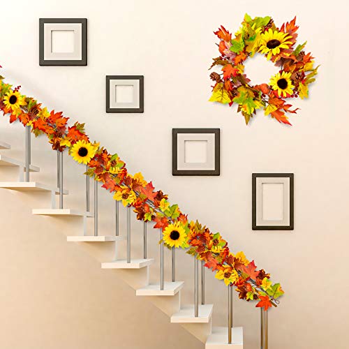 Whaline Autumn Decoration Artificial Fall Garland Maple Leaves Vine 6.23Ft Fake Sunflower Pumpkin With 2 Hooks Pine Cones Berries Hanging Decor For Thanksgiving Fireplace Door Yard Backdrop #TOP2
