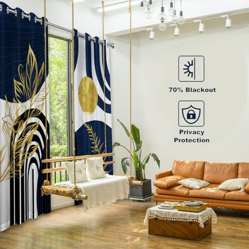 Mid Century Modern Navy Blue and Gold Blackout Curtains, Bohemian Masculine Cool Dark Blue and White Window Drapes for Mens Bedroom Living Room, 84 inch Length 2 Panels Set, 52x84 inch - Image 4