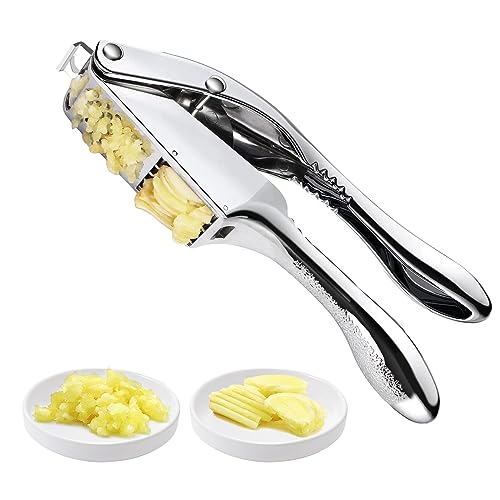 Garlic press and slicer 2 in 1,Effortlessly Crush, Slice, and Mince Garlic,with this Versatile Kitchen Tool - Perfect for Home Cooks and Professional Chefs Alike. (Silvery)