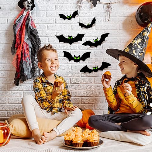 APKOL 48 Pcs Halloween Fledermaus Deko Wand Aufkleber, 4 Größen Gruseliges Schwarz fledermäuse halloween Deko für Fenster Wand, für Halloween Party Outdoor Dekoration Set mit Nachtlicht Augen