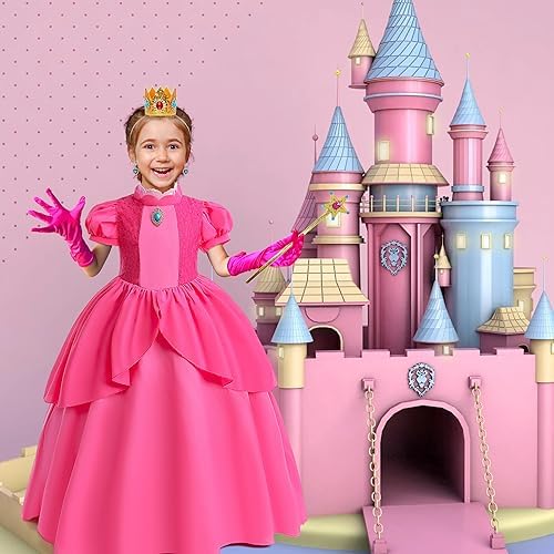 isswya Princess Peach Costume for Girls Cosplay Super Brothers Princess Peach Dress Halloween Party Dress Up 3-12Y 6 51kPCKoQueL. AC