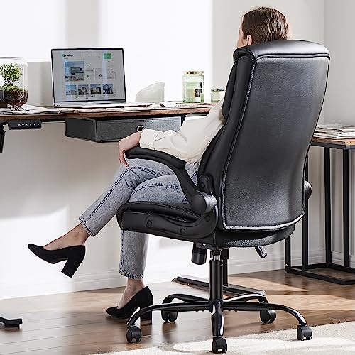 Office Chair - Ergonomic Executive Computer Desk Chair With Flip-Up Armrest, Mid Back Pu Leather 360° Swivel Task Chair With Lumbar Support And Wheels, Metal Base #TOP7