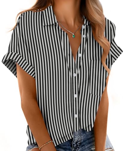 Mintreus Short Sleeve Blouse Button Down Shirt Women Short Sleeve Blouses Collared Casual Shirts Summer Beach Tops (Black Stripe-M)