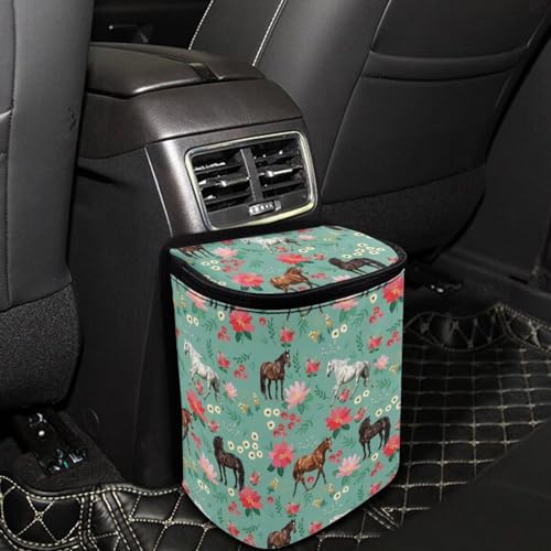 Image of Talayituse Horse Flower Print Car Trash Can with Lid, Leak Proof Auto Trash Bag Hanging Vehicle Garbage Can Multipurpose Storage Container for Back Seat Road Trip