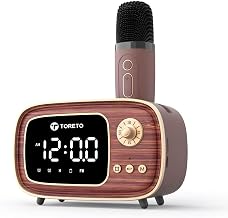 Toreto Newly launched Retro Mate Bluetooth Speaker with Wireless Karaoke Mic, 10W Portable Speaker, Digital Clock & Dual Alarm, Temperature Display, Mobile Stand, TF Card, Type-C, Wooden Finish