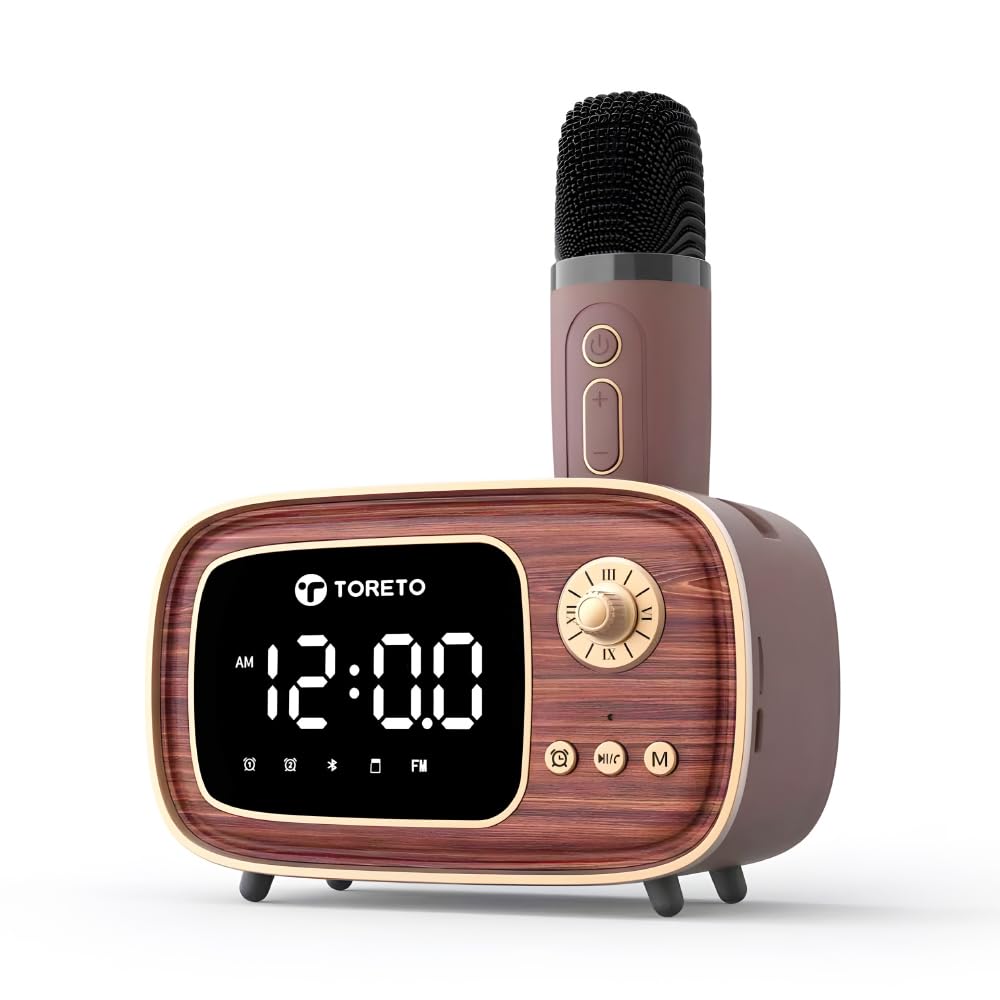 Toreto Newly launched Retro Mate Bluetooth Speaker with Wireless Karaoke Mic, 10W Portable Speaker, Digital Clock & Dual Alarm, Temperature Display, Mobile Stand, TF Card, Type-C, Wooden Finish-image-1