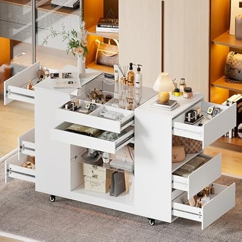 PAKASEPT Wardrobe Armoire Bedroom Island, Closet Island with Drawers, Vanity Storage Island with Glass Tabletop and LED Light, Island Dresser for Dressing Room and Bedroom Cover