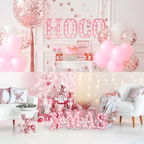 Image of Pink Marquee Light Up Letters, Glitter Alphabet LED Letter Lights for Pink Birthday Party Decorations, Battery Operated Letter Sign for Girls Room Vanity Table Decor, Cool White Lights Letter N
