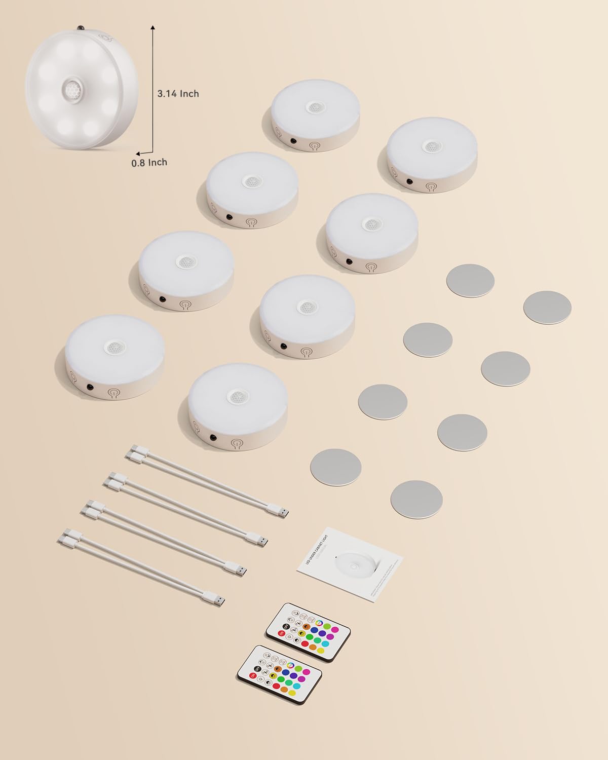 Iluminación de gabinete, luces recargables con sensor de movimiento con mando a distancia, 3 temperaturas de color y 12 LED RGB alimentados por pilas, luces magnéticas regulables inferiores